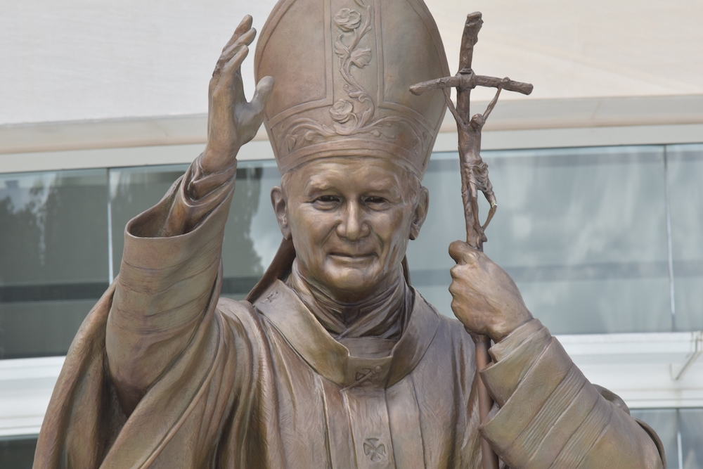 Statue of St. John Paul II by Chas Fagan at the entrance to the St. John Paul II National Shrine in Washington, D.C., pictured July 18, 2019. (CNS/Elizabeth Bachmann) Statue of St. John Paul II by Chas Fagan at the entrance to the St. John Paul II National Shrine in Washington, D.C., pictured July 18, 2019. (CNS/Elizabeth Bachmann)
